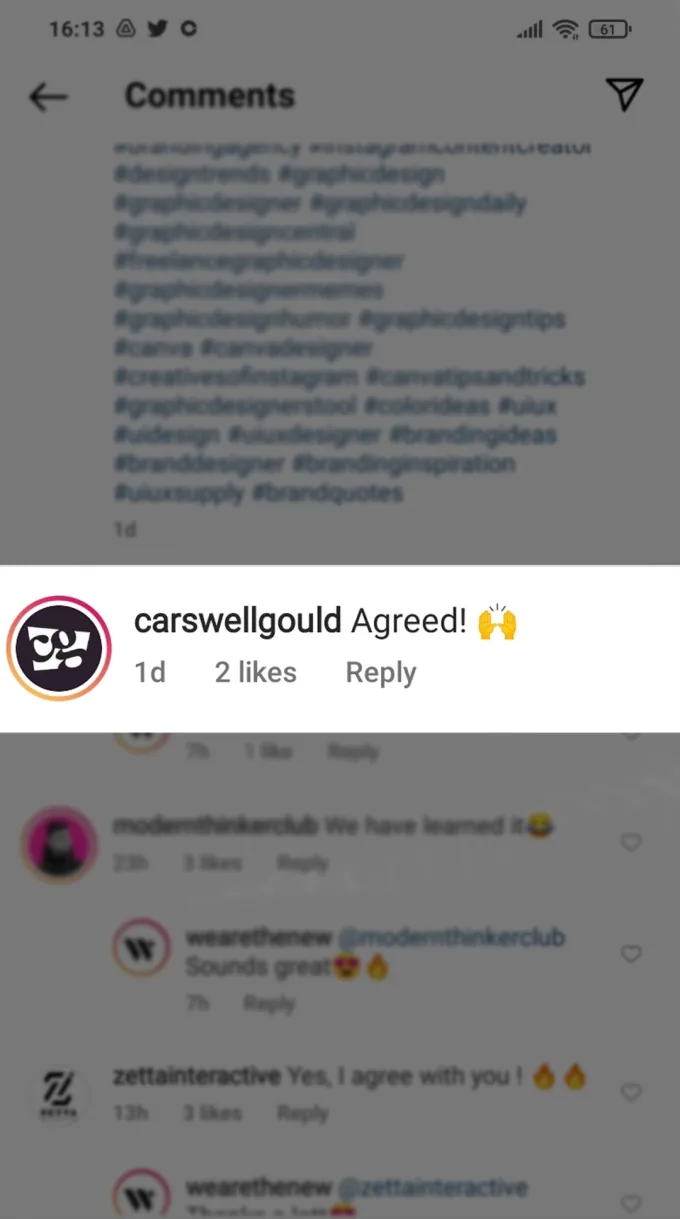 Instagram comments with a generic “Agreed!” comment highlighted