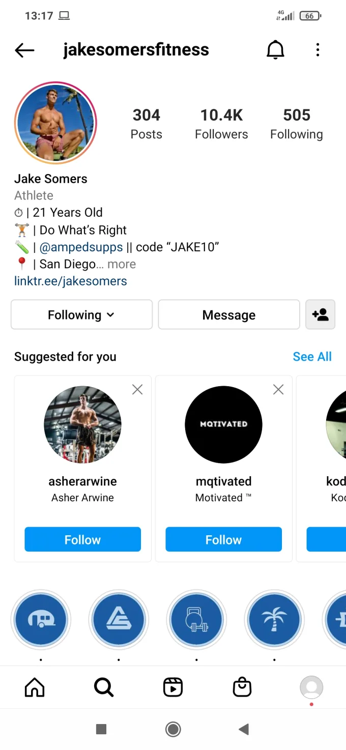 An Instagram profile with its “Suggested for you” row of similar accounts