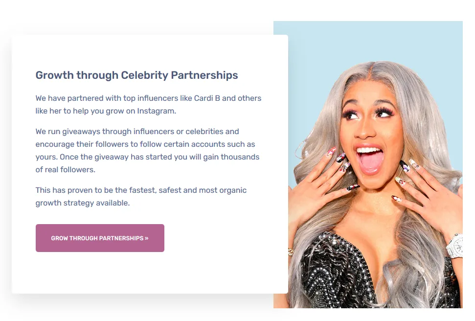 A growth company’s page selling “Growth through Celebrity Partnerships” with Cardi B