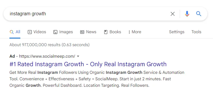 Google results for “instagram growth” with a Social Meep ad at the top