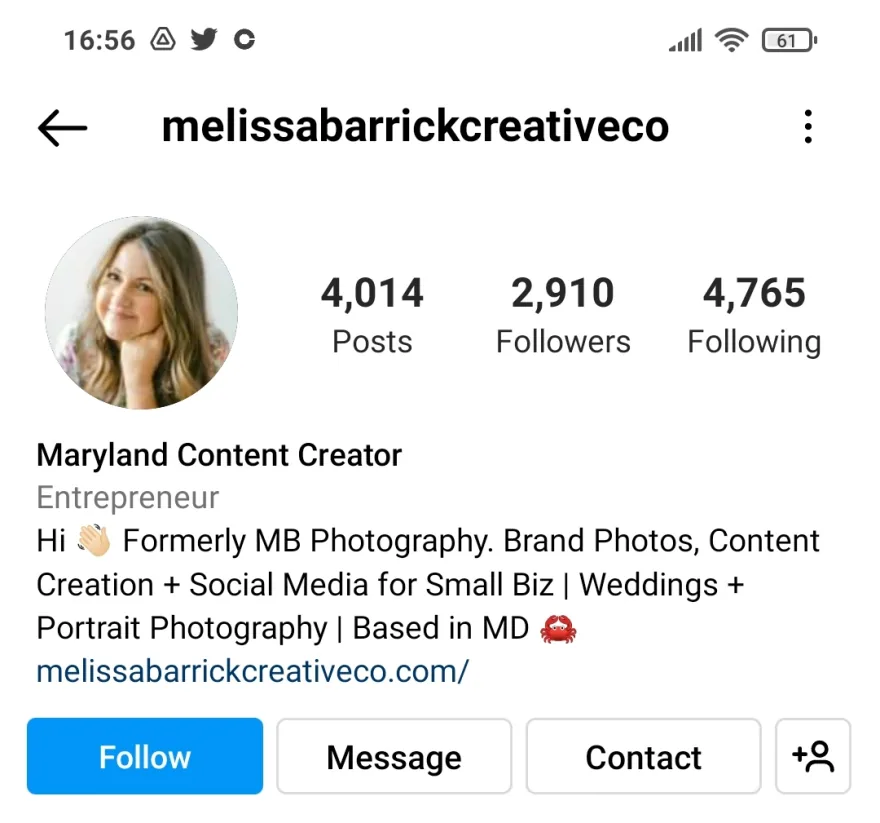 The Instagram bio of a Maryland content creator