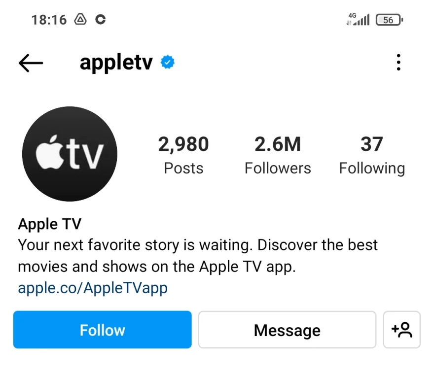 The Instagram bio of Apple TV