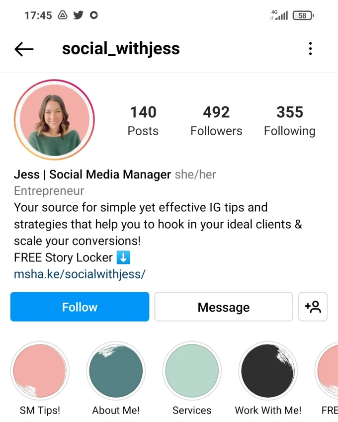 An Instagram profile with “Social Media Manager” in the name field