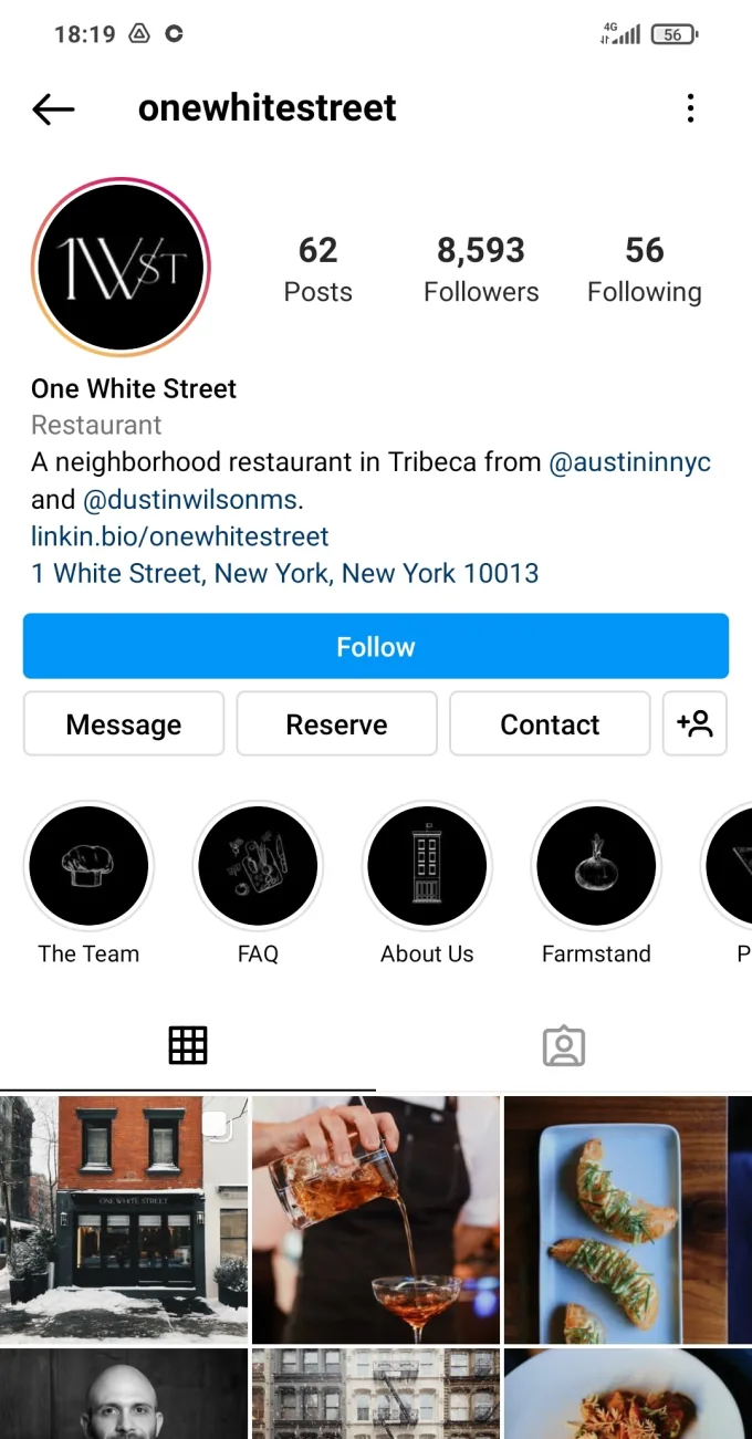 A restaurant’s Instagram profile with a link and Reserve and Contact buttons